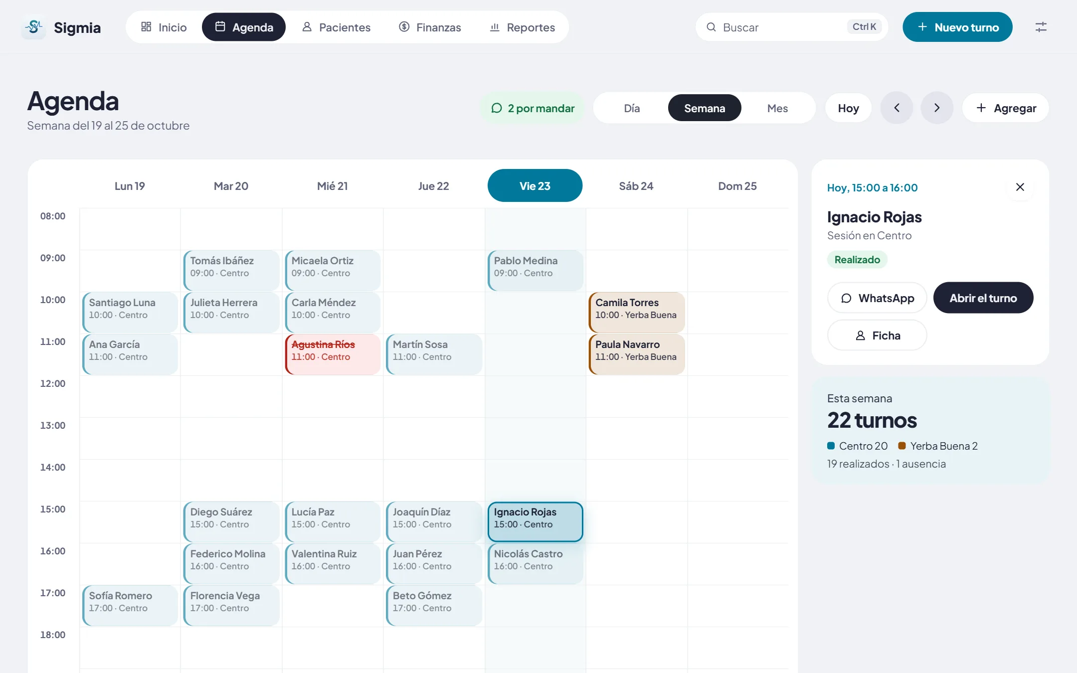 La agenda de la semana en la computadora, con cada consultorio en su color y el turno elegido al costado