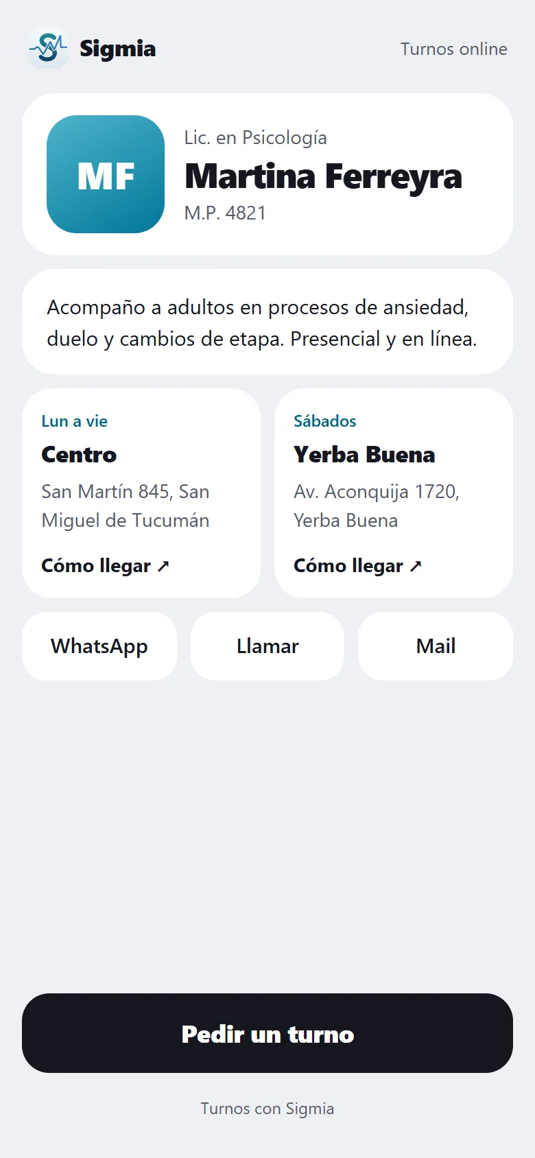 La página de turnos de una profesional, para reservar